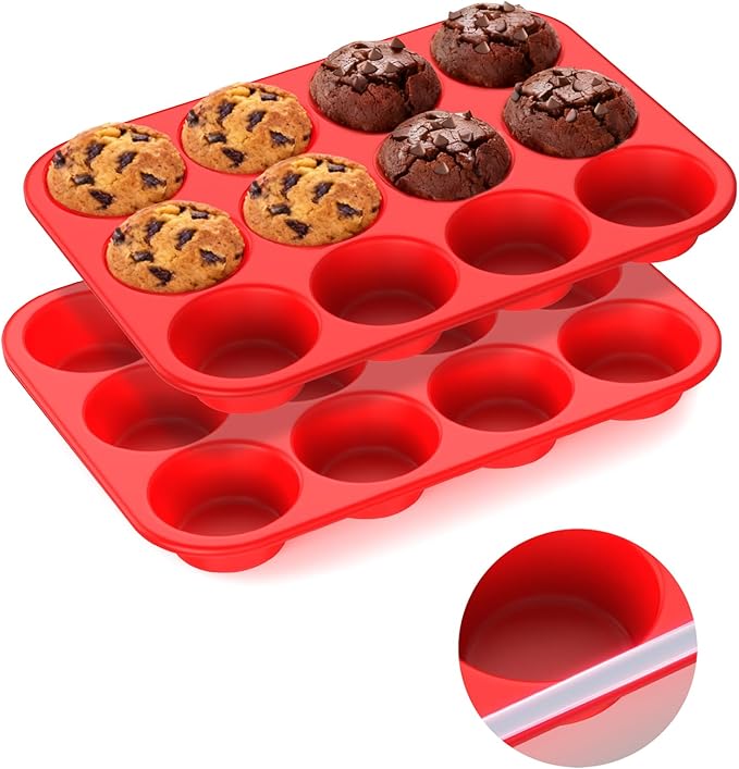Silicone Muffin Pan for Baking: 24 Cup Muffin Pan with Metal Reinforced Frame, Regular Size Cupcake Egg Bites Molds for Baking, BPA Free Silicone Muffin Tray, Dishwasher Safe (2 Pack, Red)