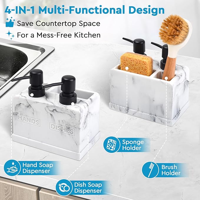 Kitchen Soap Dispenser Set,with Liquid Hand and Dish Soap,Sponge Holder and Brush Holder 4-in-1 Dual Soap Dispenser Set for Kitchen Sink, Bathroom - Artificial White Marble Look