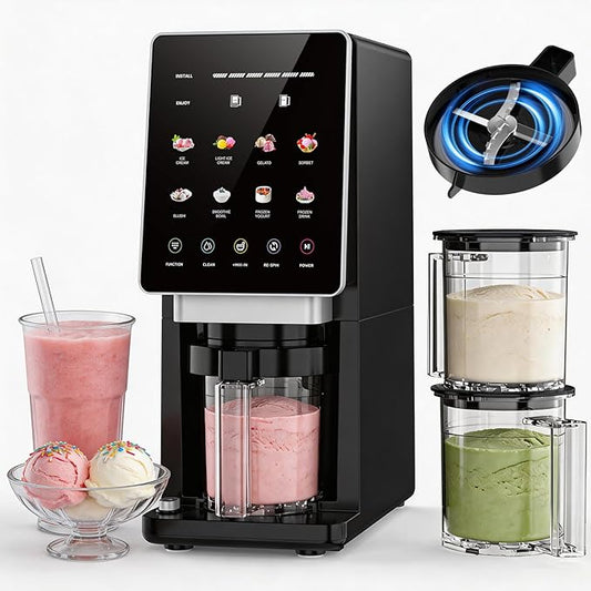 H-Duka 10-in-1 Ice Cream Maker Machine, 800W Frozen Treat Maker for Silky Gelato, Sorbet&Slushies, One-Touch Mix-In & Re-Spin for Creamy Texture, Keto & Vegan, Includes 3 Pints & Recipe Guide, Black