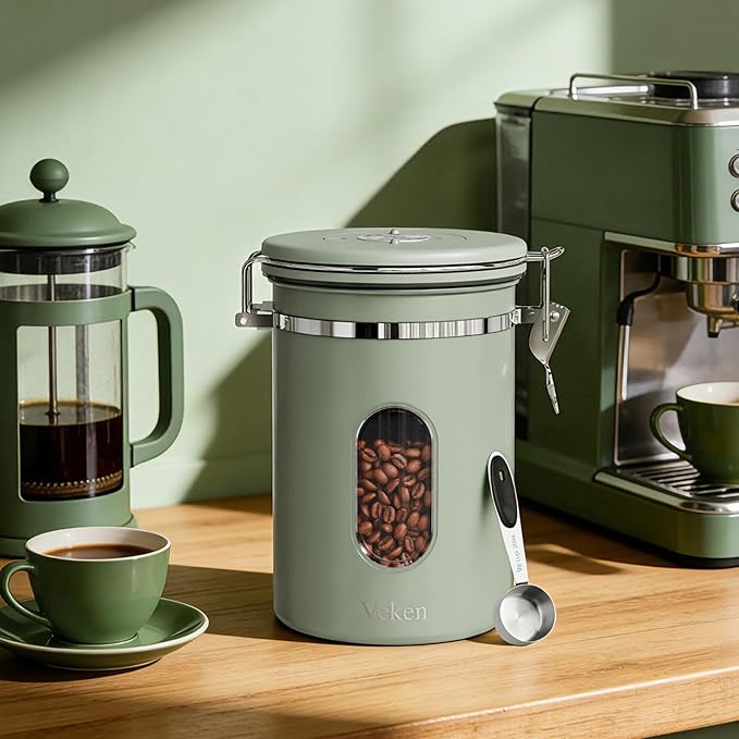 Veken Coffee Canister with Window, Airtight Stainless Steel Kitchen Food Storage Container with Lids, Date Tracker and Scoop for Grounds Coffee, Beans, Tea, Flour, Cereal, Sugar Jars, 22OZ, Green
