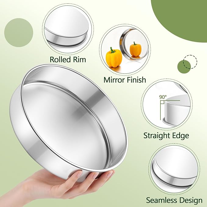 P&P CHEF 9 Inch Cake Pan Set of 3, 3 Pieces Round Layer Cake Baking Pans, Stainless Steel Smash Cake Tin Bakeware for Cooking Steaming, Nontoxic & Sturdy, Oven & Dishwasher Safe