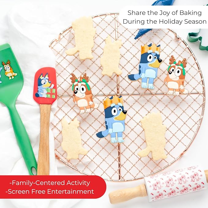 Handstand Kitchen Bluey Holiday Baking Set with Bluey and Bingo Cookie Cutters, Rolling Pin, Spatula and Flipper