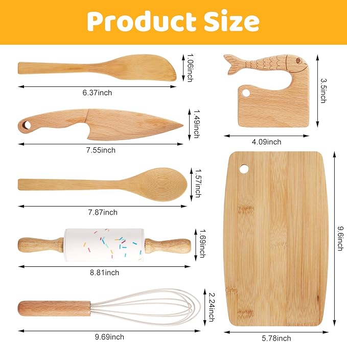 7 Pieces Wooden Kids Knife Toddler Knife Set Toddler Cutting Board And Knife Set for Real Cooking Kitchen Tools for Toddlers for Cutting Veggies Fruits Salad Cake