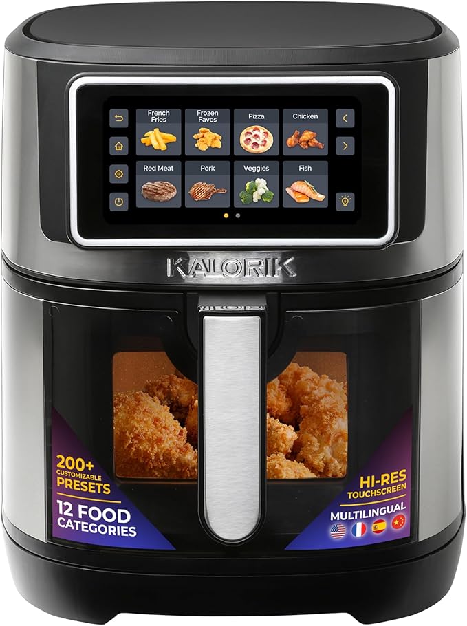 Kalorik Air Fryer VIVID TOUCH Series 7 Quart Capacity with High-Resolution Touchscreen 200 Cooking Presets in 12 Food Categories with View Window, 1500-Watts, Stainless Steel