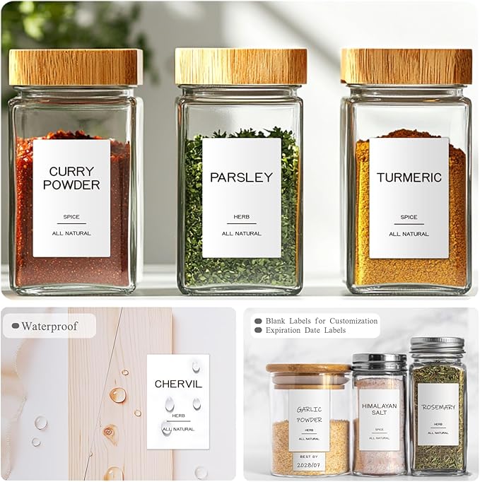 201 Spice Jar Labels - Preprinted Minimalist Waterproof Stickers for Kitchen Jars, Herb & Seasoning Labels for Pantry Organization