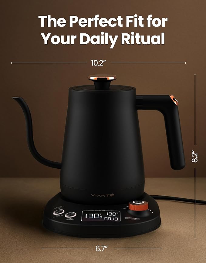 Vianté Electric Gooseneck Kettle with Precise Temperature Control. Pour Over Coffee & Tea Kettle. Boil-Dry Protection & Keep Warm Function. Stainless Steel, BPA-Free. Includes #2 Filters. 0.8L