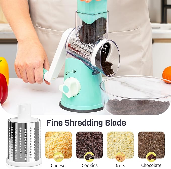 Rotary Cheese Grater Hand Crank, 3 Blades Slicer Shredder, Cheese Grater for Kitchen, Multi-Functional Kitchen Tool for Vegetables, Nuts, Chocolate, with Strong Suction Base, Blue