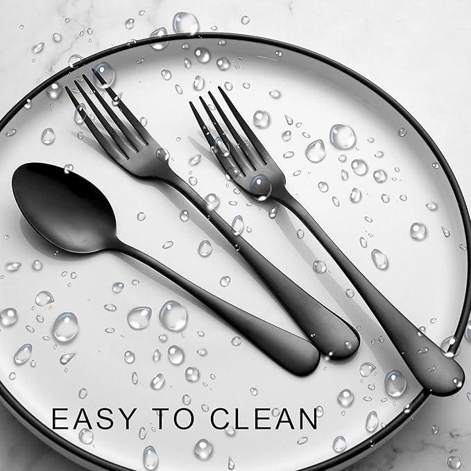 24 Piece Black Forks and Spoons Silverware Set for 12, Stainless Steel Dinner Forks(8 Inch) and Spoons(6.7 Inch) Black Silverware Set, Heavy-Duty Cutlery Set, Dishwasher Safe