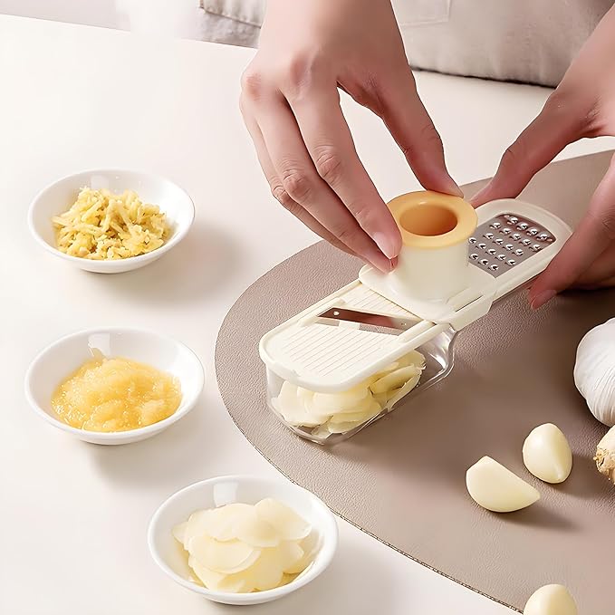 Mini Garlic Slicer Multi-Functional Mandoline Slicer Veggie Garlic Ginger Grinder Vegetable Mandoline Cutter Veggie Shredder with Container (White)