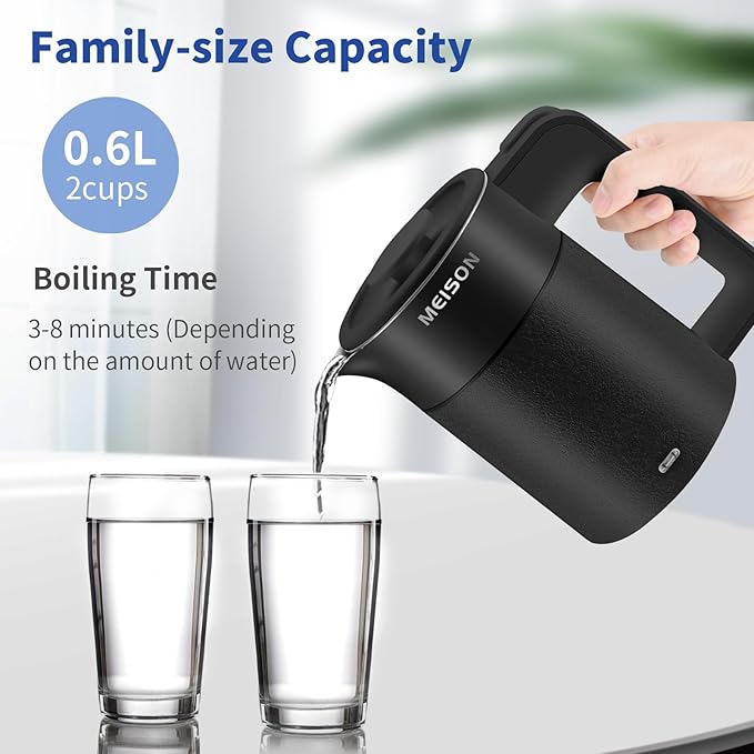 0.6L Small Electric Kettles Stainless Steel, Travel Mini Hot Water Boiler Heater, Double Wall Cool Touch Portable Teapot, Auto Shut-Off & Boil-Dry Protection, 120V/800W, 2 Year Warranty (Black)