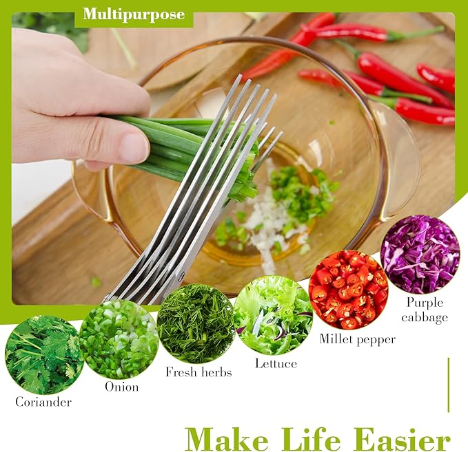 Styleonme Scissors Herb, Sharp Heavy Scissors for Cutting, Chopping and Cooking Fresh Garden Herbs, 5 Stainless Steel Blades and Covers, Vanilla Cutter Chopper Kitchen Gadgets