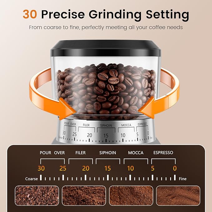 Burr Coffee Grinder Electric, 30 Grinding Settings Emojoy Coffee Bean Grinder, Burr Coffee Grinder for Home Use, Touchscreen and LED Control Panel, Stainless Steel, Conical Burr Grinder