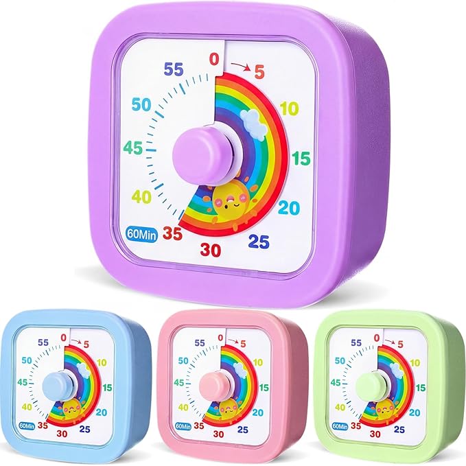 AmazingSpark 4 Pack Visual Timer 60 Minute Countdown Timer Colored Countdown Clock for Homeschool Supplies Study Tool, Classroom Home Office Time Management Tool(Rainbow,Purple, Blue, Pink, Green)