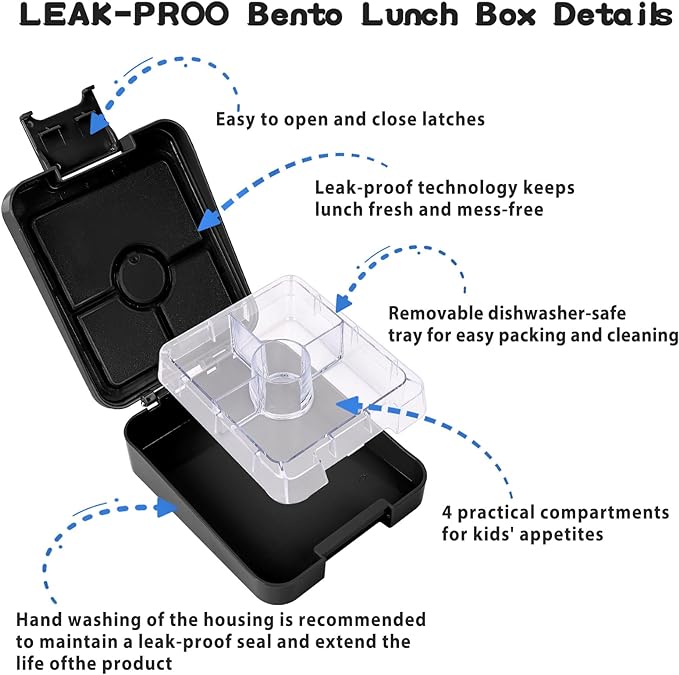 Bento Lunch Box Set for Kids with 10oz Soup Thermo, Leak-Proof Lunch Containers with 4 Compartment, Kids Thermo Hot Food Jar and Insulated Lunch Bag for Kid to School,BPA-Free(Black)