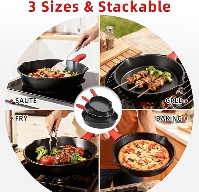 6/8/10 Inch Seasoned Skillet 3-Piece Set, for Frying, Saute, &More, for Oven, Stove, Grill, or Campfire, Black, with Silicone Handle Grip Covers