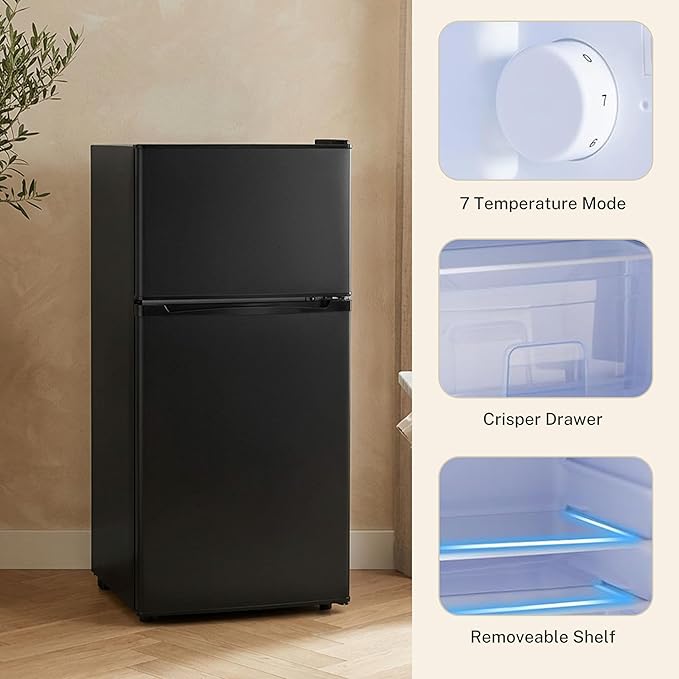 3.2 Cu.Ft Mini Fridge with Freezer, 2 Door Small Refrigerator with Adjustable Thermostat Energy-efficient Low Noise, Compact Fridge for Bedroom, Office, Dorm, Black