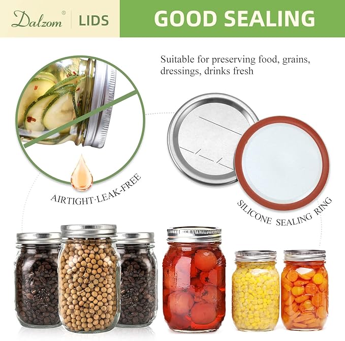 Dalzom® 72Pcs Canning Lids with 72Pcs Rings Wide Mouth, Premium Mason Jar Lids with Rings for Ball, Kerr Jars - Food Grade Material, 100% Fit & Airtight for Wide Mouth Mason Jars