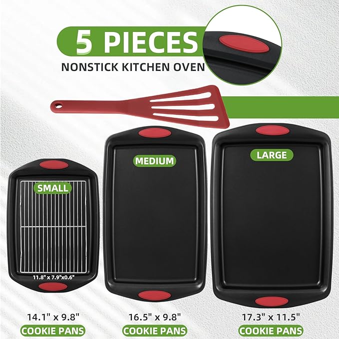 5-Piece Nonstick Baking Pans Set - Premium Carbon Steel Bakeware with PFOA/PFOS/PTFE-Free Coating, Red Silicone Handles (Black Red)