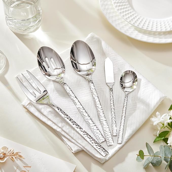 KINGSTONE 45 Piece Hammered Silverware Set with Serving Utensils, 18/10 Stainless Steel Flatware Set for 8, Cutlery Set for Home, Party, Wedding, Mirror Polished Dishwasher Safe
