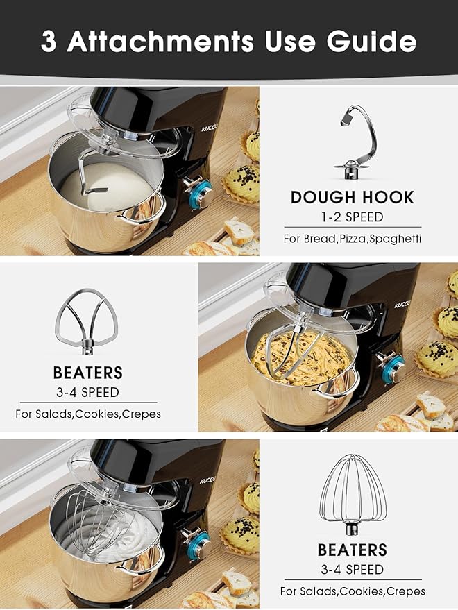 9.5 QT Double Handle KUCCU Stand Mixer, 6 Speed with Pulse Electric Kitchen Mixer, 660W Tilt-Head Food Mixer with Dishwasher-Safe Dough Hook, Flat Beater, Whisk, Splash Guard for home baking (Black)
