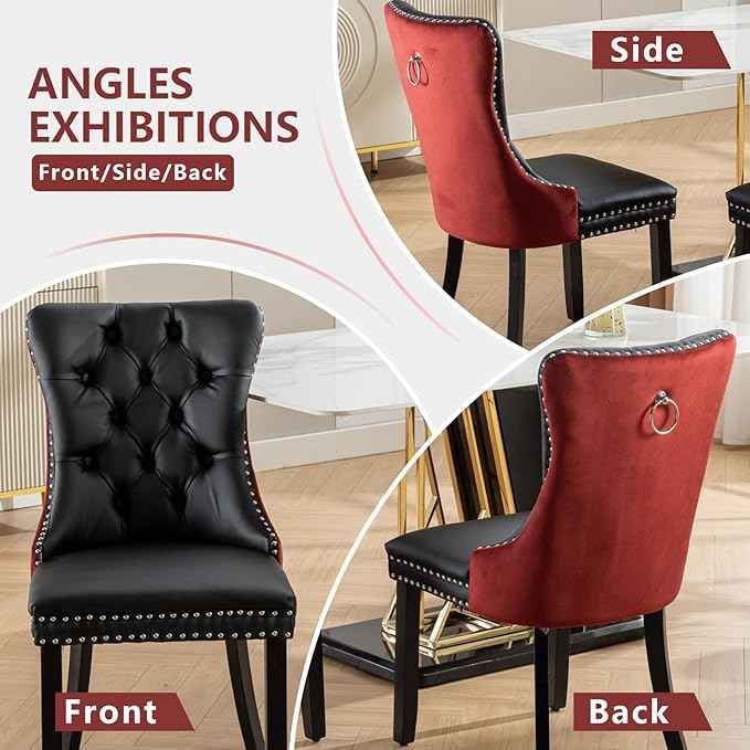 Dining Chairs Set of 4, Upholstered Dining Room Chairs with Back Ring Pull Trim and Solid Wood Legs, Modern Tufted Kitchen Chairs Perfect for Dining Room, Black Pu Leather Splicing WineRed Velvet
