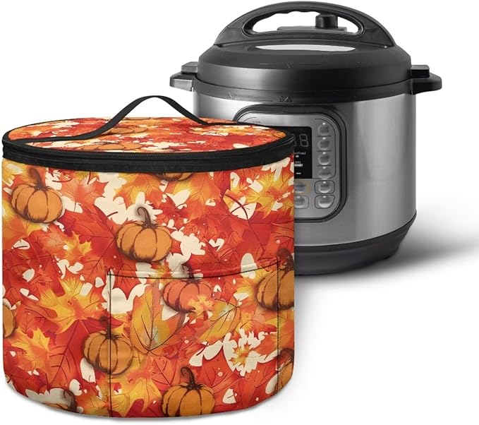 Fall Electric Pressure Cooker Insulation Bag Reinforced Zipper Closure Pressure Cooker Storage Top Padding Handle, Pumpkin Maple Leaf