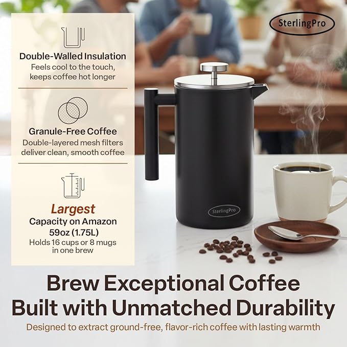 SterlingPro Stainless Steel French Press Coffee Maker 1.75 L (59 oz) Black – Double Walled Insulated Extra Large French Press, Durable Design Keeps Drinks Hot, Easy to Use and Clean for Rich Flavor