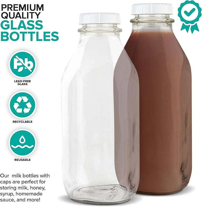 Stock Your Home Liter Glass Milk Bottle with Lid (3 Pack) 32 Oz Jugs and 6 White Caps, Reusable Food Grade Milk Container for Refrigerator, Bottles for Juice, Oat or Plant Milks, Water, Honey
