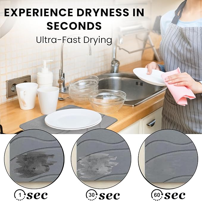 Stone Dish Drying Mat For Kitchen Counter With Diatomite Sink Tray Set - Quick Dry, Fast Water Abosrbing, Diatomaceous Earth - Multi-Purpose Stone Drying Mat For Dishes, Cups, Bottles - (15" x 15")