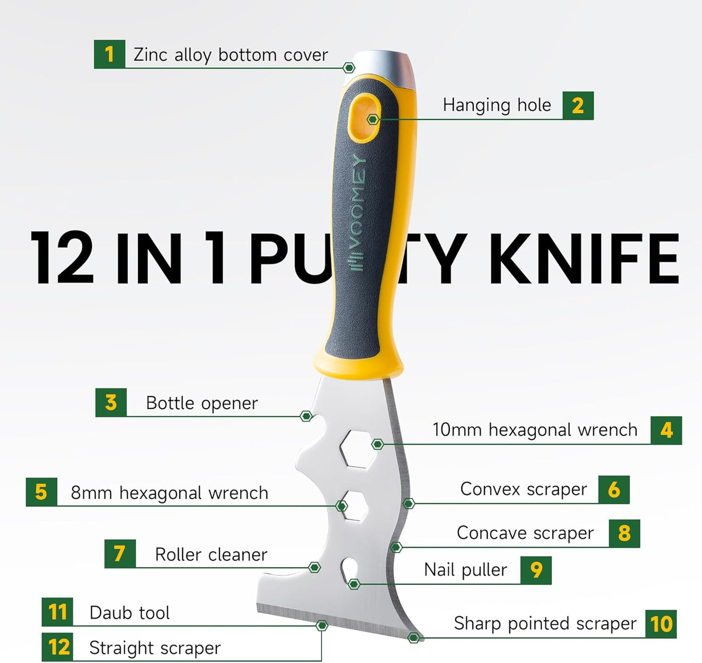VOOMEY 12-in-1 putty knife, paint scraper tool, stainless steel paint scraper,3 Pack, three color rubber covered handle,metal scraper used for cleaning paint rollers, removing wall cracks,etc