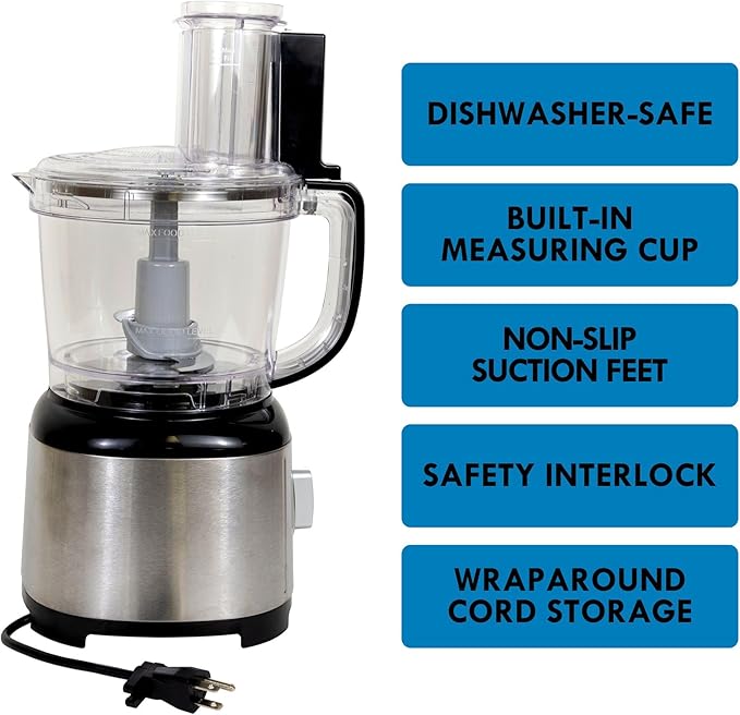 Kenmore 11-Cup Food Processor and Vegetable Chopper with Reversible Slicing/Shredding Disc, Chop, Slice, Shred, Mince, Grate, Puree, Stainless Steel, 500W, Black and Silver