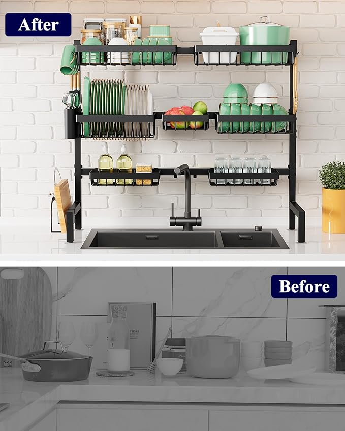 Kitsure Over The Sink Dish Drying Rack - 31.5" to 39.4" x 30.3", Adjustable Sink Drying Rack for Kitchen Sink with Multifunctional Baskets, Black