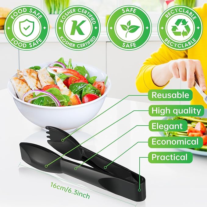 Patelai 6 Inch Utility Tong Plastic Serving Tongs Bulk Scalloped Serving Utensils Charcuterie Accessories Heavy Duty Tongs for Cooking Appetizers Food Catering Dinner Party(Black,12 Pcs)