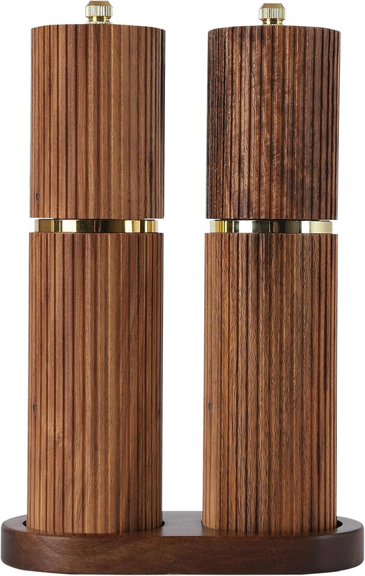 Wooden Salt and Pepper Grinder Set, Refillable Salt and Pepper grinder with adjustable Coarseness, Acacia Wood pepper mill manual, Salt and Pepper Shakers Matching Wooden tray-Ideal for Gifting