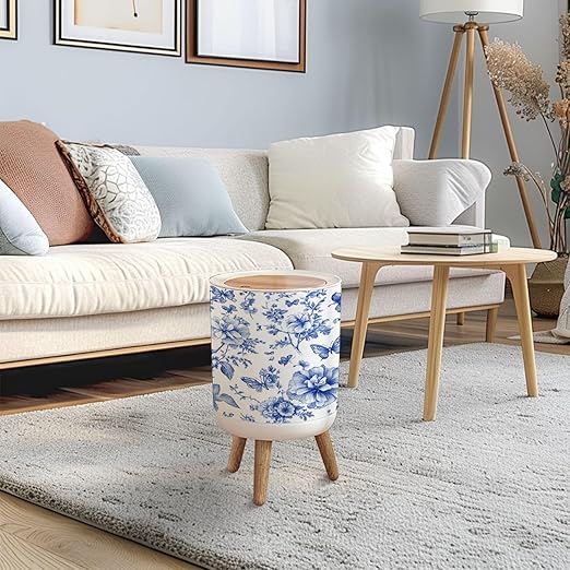 Trash Can with Lid Vintage floral Seamless Wild Roses butterflies Blue white Toile de Press Top Round Small Garbage Bin with Wooden Legs Waste Basket for Kitchen Bedroom Nursery 7L/1.8 Gallon