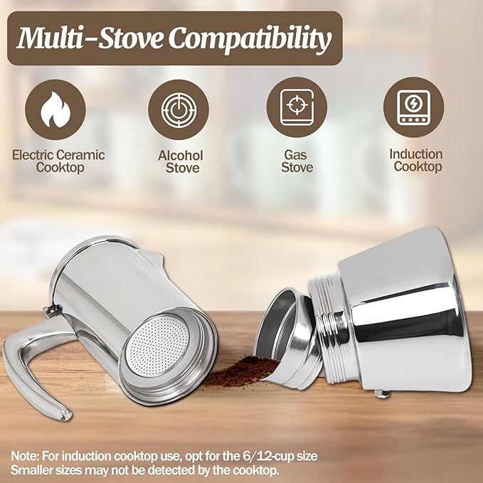 4 Cup Thickened Moka Pot 304 Stainless Steel 200ml Italian Espresso Coffee Maker Stovetop CoffeeMakers Mocha Pot Percolator for Induction Stove Classic Cafe Makers Portable for Easy Brewing