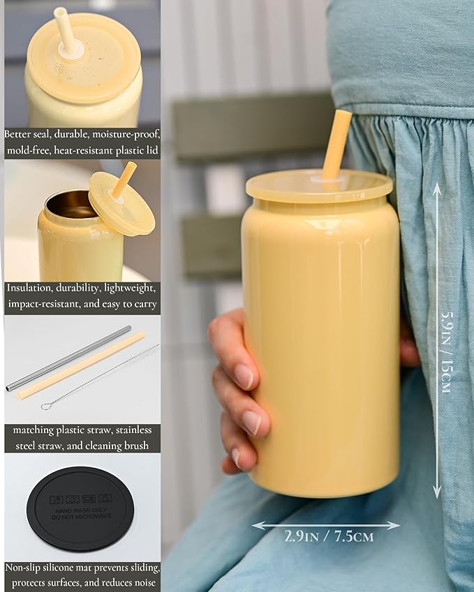 Glass Cups with Lids and Straws, 16oz Stainless Steels Cups, Beer Cups, Iced Coffee Cup, Smoothie Cup, Sublimation Tumbler, Green (Smooth Polished Finish, Sublimatable)