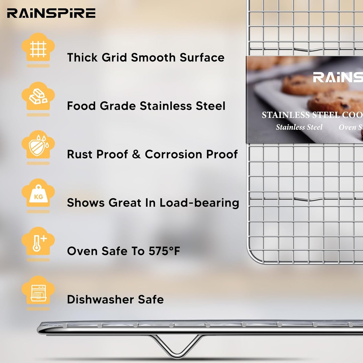 Rainspire Cooling Rack Stainless Steel, Heavy Duty Cooling Racks for Cooking and Baking, Oven Safe Wire Rack for Cooking, Baking Rack for Oven Cooking Fits Quarter Sheet Pan, 8.5" x 12", 1-Pack