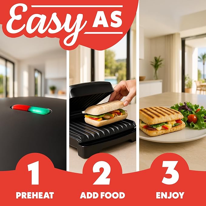 Gourmia Indoor Grill & Panini Maker – 4 Serving Contact or Open Grill, Nonstick Ceramic, Preheat Indicator Light, Slope Design with Removable Dishwasher Safe Drip Tray