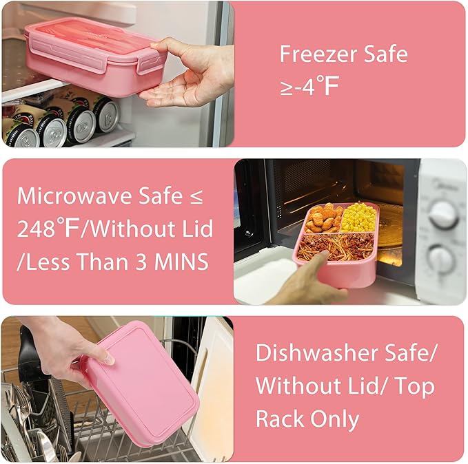 Caperci Classic Bento Box Adult Lunch Box for Older Kids - Leakpoof 47 oz 3-Compartment Lunch Containers for Adults and Teens, Built-in Utensil Set, Ideal for On-the-Go Balanced Eating, Pink