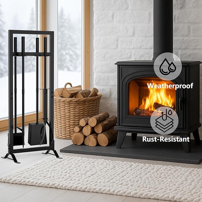 6 Pcs Fireplace Tools Set with Log Carrier, HXJLJY 34" Fireplace Accessories Sturdy Fire Tool Set Holder with Fire Poker Brush Shovel Tong Stand for Indoor Fireplace Outdoor Fire Pit Wood Stove,Square