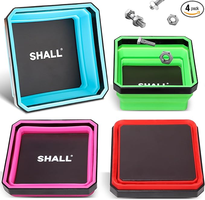 SHALL New Version Collapsible Magnetic Parts Tray Set, 4-Pack Magnetic Tool Trays for Screw Bolts Nuts Washers Pins & Small Metal Parts, 4.5” Square Silicone Foldable Bowls w/Dual-Sided Magnetic Base