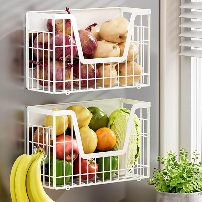 2 Set Magnetic Fridge Shelf, White Magnetic Fruit Basket for Refrigerator Organizer Storage, Potato and Onion Storage Bins, Wire Baskets Magnet Rack for Laundry Washing Machine Kitchen Shelves