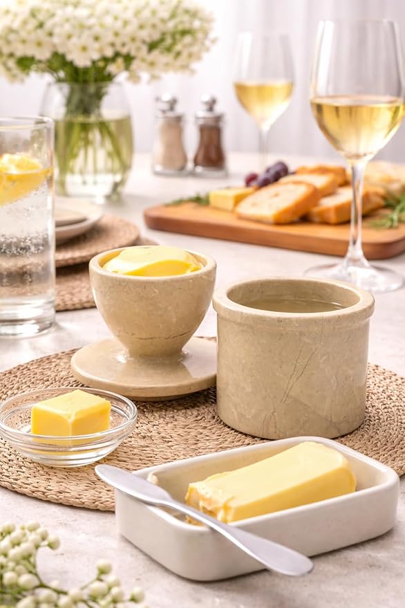 Verona Marble Butter Keeper - 4" French Butter Crock with Lid - Freezer Safe Stone Butter Dish - 90ml/3oz Capacity - Handwash Kitchen Storage