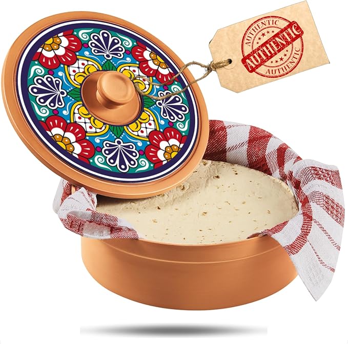 Authentic Terracotta Tortilla Warmer w Decorative Lid, Mexican Terra Cotta Tortilla Holder w Warmer Cloth, Traditional Clay Tortillas Container Heater & Tortillero, Talavera
