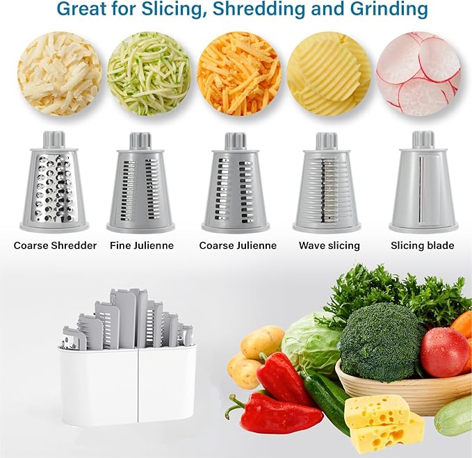 Rotary Cheese Grater Hand Crank, 5 Blades Cheese shredder, Stronger Suction, Easy to Clean for Fruit, Vegetables, Nuts, White