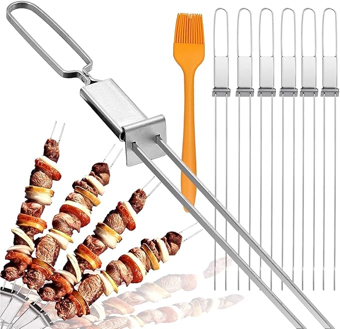 Metal Skewers for Kabobs - 17" 10 Pack Kabob Skewers with Push Bar Double Pronged Anti-Roll Flat BBQ Skewer for Grilling Stainless Steel Reusable Kebab Skewer for Meat Shrimp Chicken Veggie