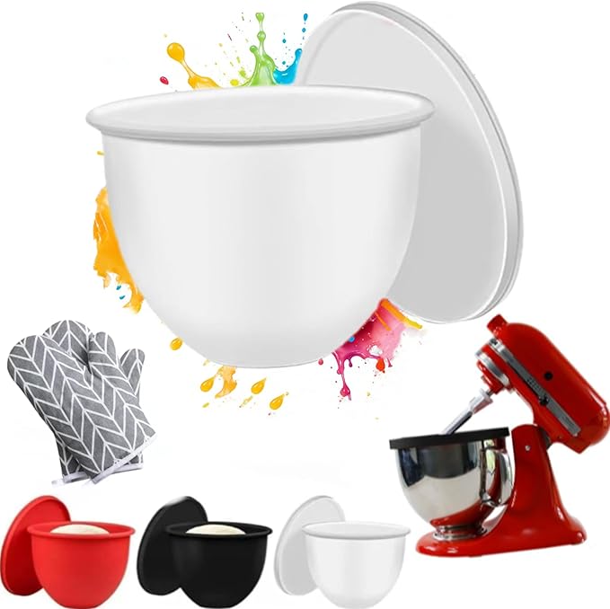 1PCS Silicone Bowl Liners with Lids,5Qt Tilt-Head Silicone Liners for Kitchenaid Stand Mixer,Odourless,Thicker, Cold/Heat-Resistant & Non-Stick, Easy Clean(White)(with Oven mitts)