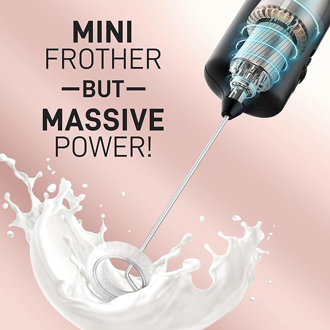 Mini & Mighty Milk Frother Wand – Powerful Handheld Coffee Frother, Battery Operated Drink Mixer – Compact Pocket Size – Detachable Whisk for Latte, Cappuccino, Matcha, Hot Chocolate – Black