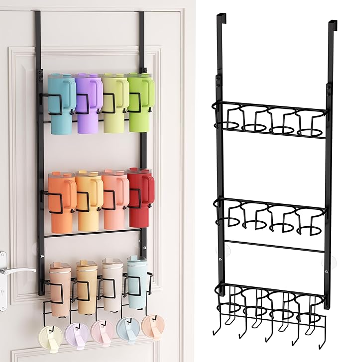 SWTYMIKI 3-Tier Water Bottle Organizer - Over the Door Stanley Cup Holder - Cup Rack with Hooks for Door or Wall Mount Option- Tumbler Organizer Storage Display for Kitchen Dorm Office RV, Black
